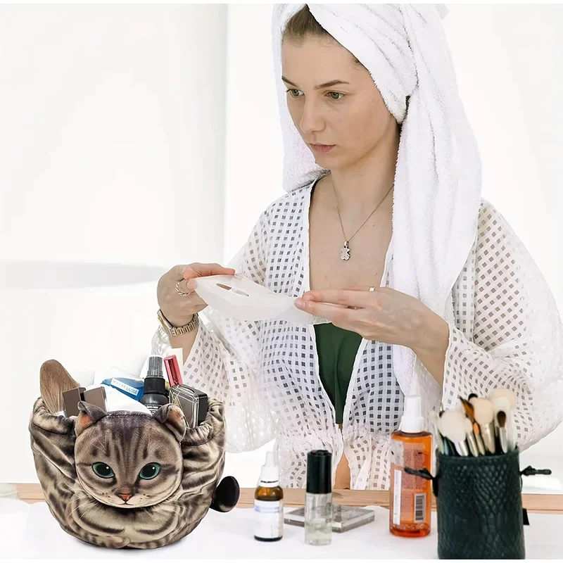 Kosmetik-Aufbewahrungstasche in Katzenform, niedliche Make-up-/Hautpflege-Organizer-Tasche in Reisegröße mit Kordelzugverschluss, Geschenktasche für Katzenliebhaber – Detail 14