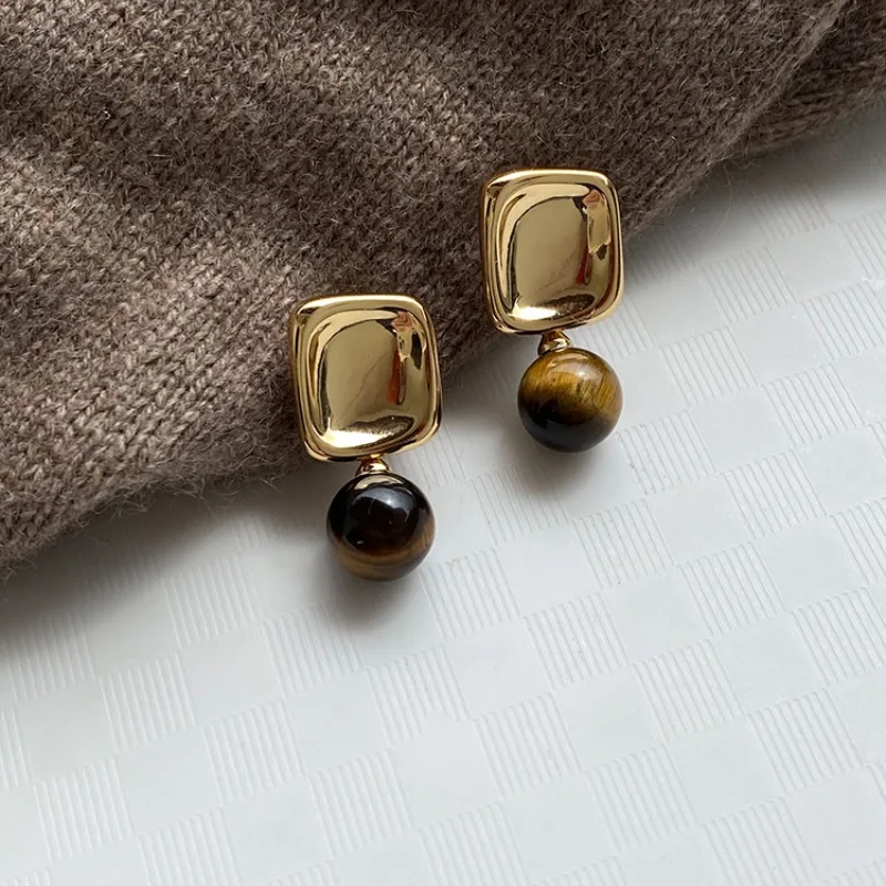 2023 New Europe Style Geometric Metal Tiger Eye Stone Earrings For Women Personality Drop Earrings Jewelry Gift