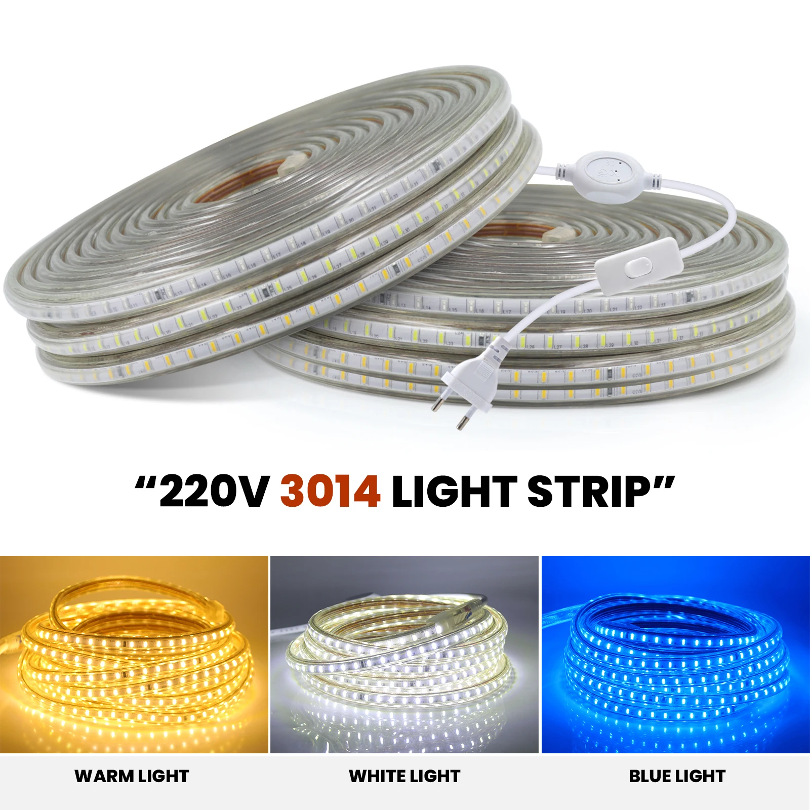 AC 220V LED Strip 120Leds/M IP65 Home Decor Warm/Natural White/Blue Home Decor Flexible Ribbon Stripe Light With ON/OFF Switch