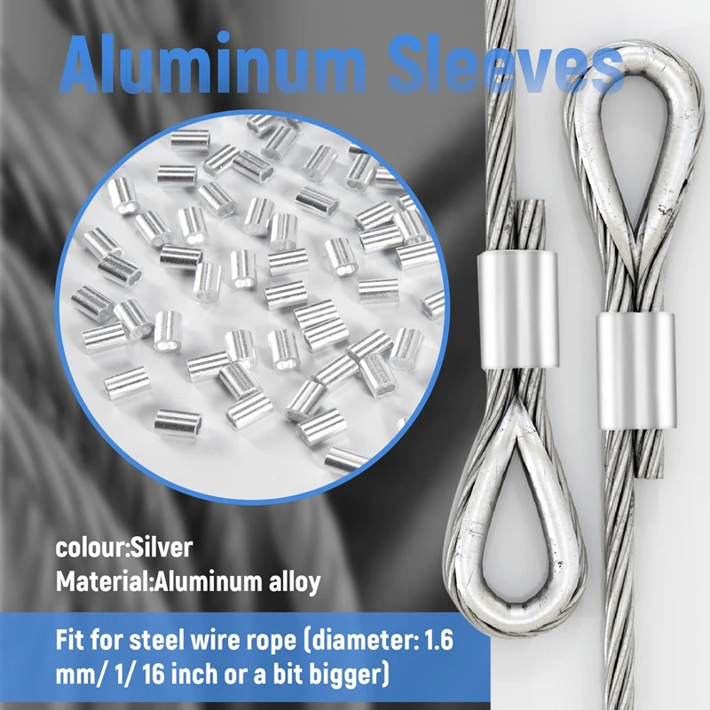 200PCS 1/16 Inch Cable Ferrule Set Aluminum Alloy Crimping Loop Sleeve For Wire Rope