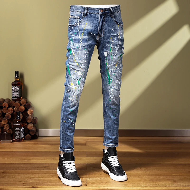 High Street Fashion Men Jeans Retro Blue Painted Designer Elastic Skinny Ripped Jeans Men Stretch Trousers Hip Hop Pants Hombre