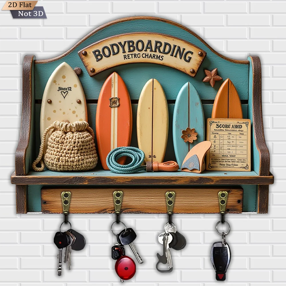 2D Flat, 1pc, Retro Surfboard Shaped Key Hook, Wooden Multifunctional Home Key Hook with Four Metal Hooks, Wall Decoration,
