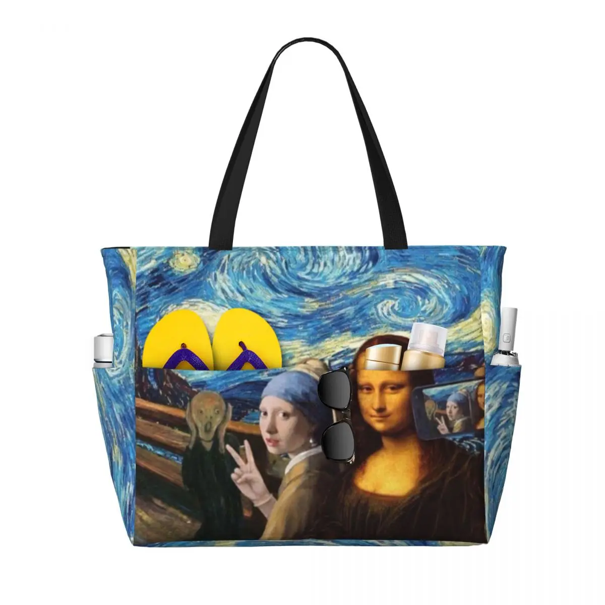 Custom Large Starry Night By Mona Lisa And Vincent Van Gogh Tote Bag Women Art Painting Shoulder Shopper Gym Beach Travel Bag