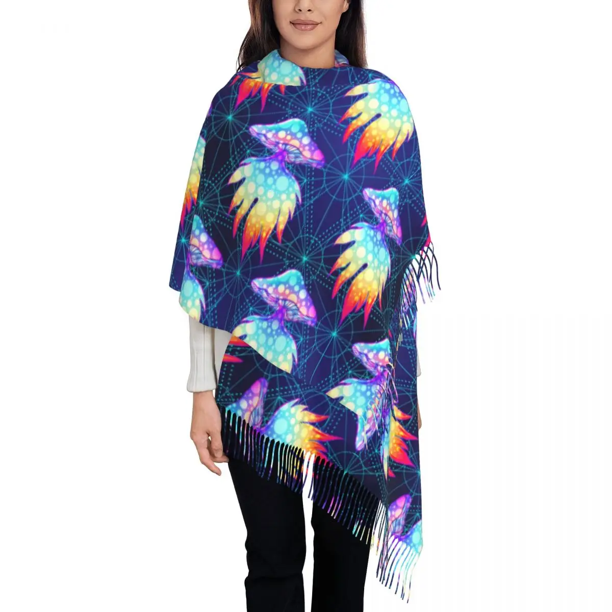 Custom Female Long India Mandala Magic Psychedelic Mushrooms Scarves Women Winter Thick Warm Tassel Shawl Wrap Music Scarf