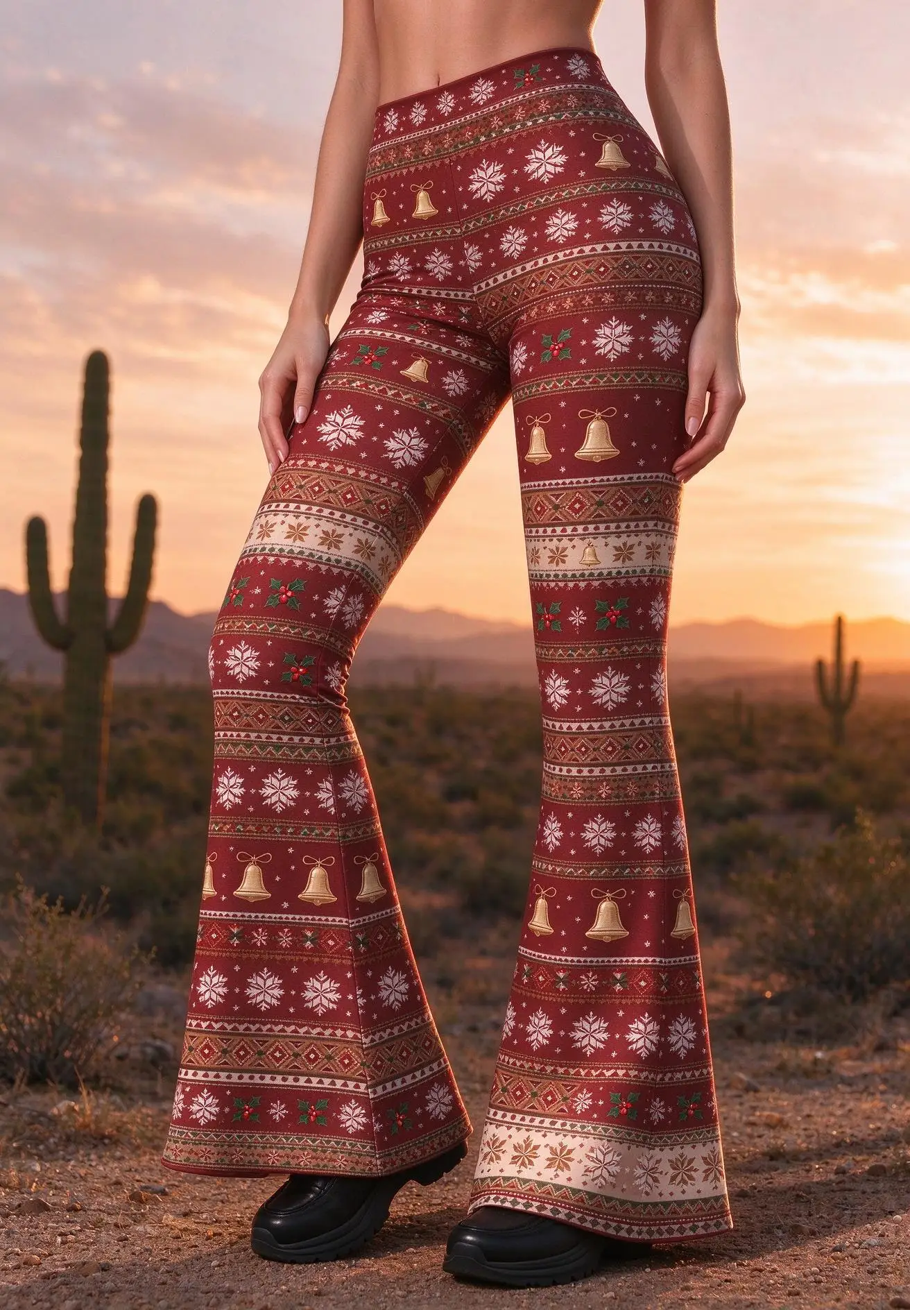 Women Mid-Rise Slim Flared Pants Christmas Reindeer Snowflake Holly Fair Isle Print Stretch Bell Bottoms Ladies Holiday Trousers