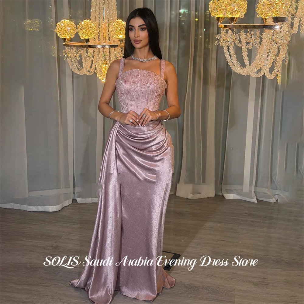 SOLIS Pink Party Dress Spaghetti Strap Sleeveless فساتين السهرة Beading On Chest Night Dress Trumpet Celebrity Dress Customized