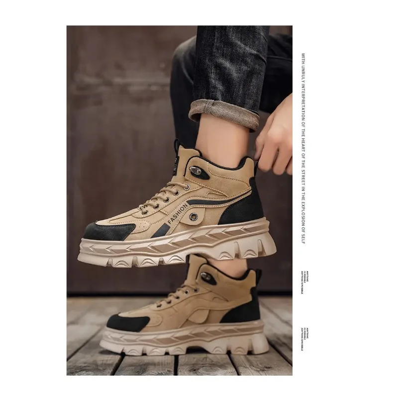 

2026 Мужские ботинки, кожаная обувь, мужские ботинки на платформе, уличные кроссовки, мотоциклетные ботильоны, мужские рабочие ботинки, повседневная походная обувь