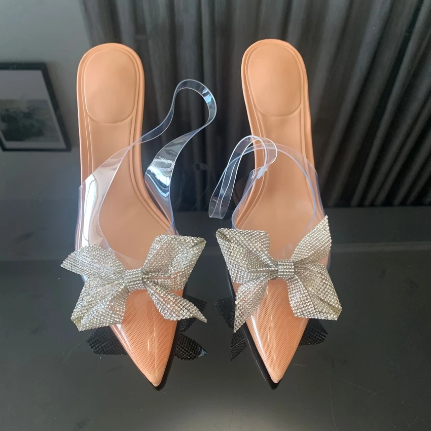 Transparent High Heels For Women 2024 Summer Pointed Toe Heeled Sandals Fashion Bow Slingbacks Pumps Ladies Stiletto Shoes