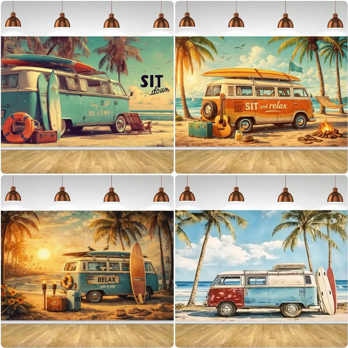 Fondo Fotográfico de Atardecer con Palmeras Tropicales, Playa, Coche y Camping, Decoración para Fiesta de Cumpleaños con Temática Aloha Hawái, Póster de Escena de Vacaciones de Verano