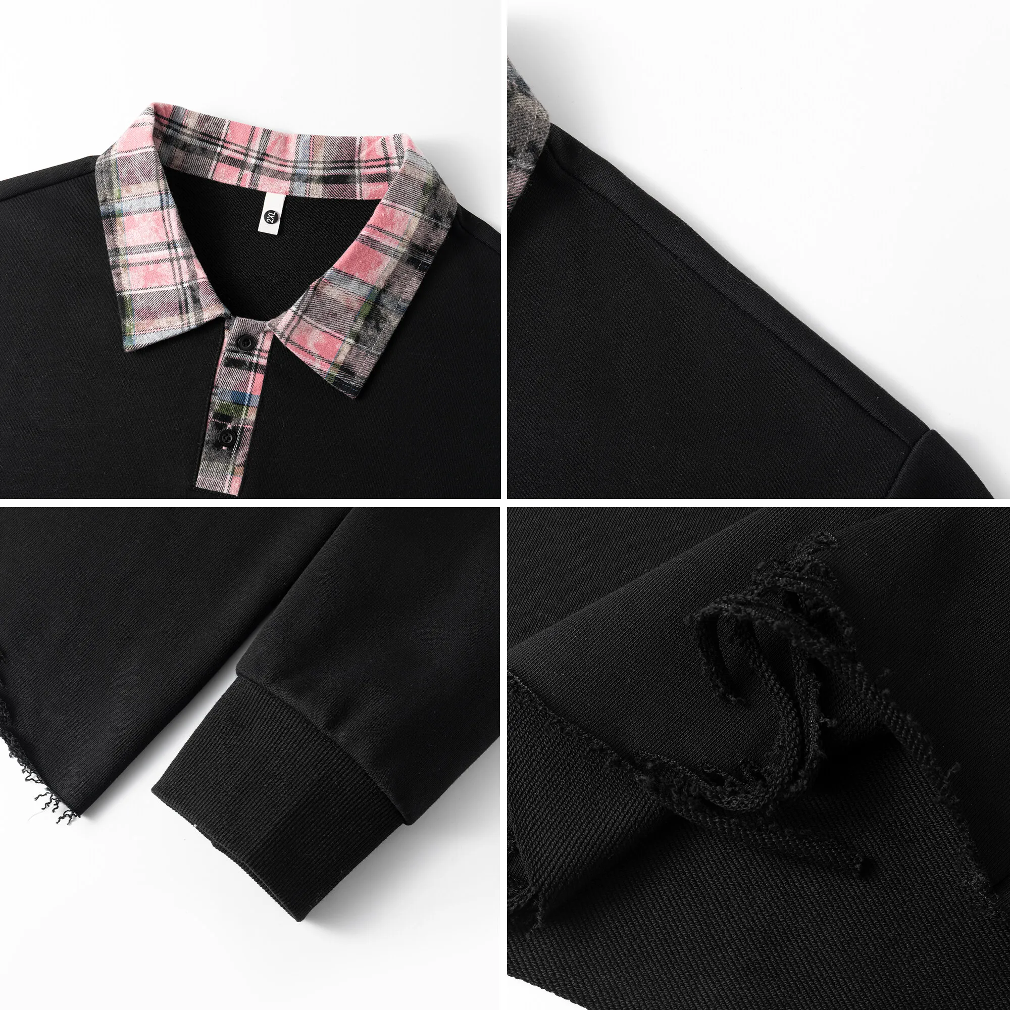 Plaid Collars Long-sleeve Polo Shirts Retro Chic Ripped Details Sweatshirt Street Style Outfits Loose Casual Wear for Men Women