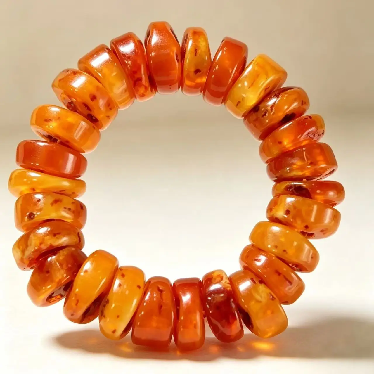 Natural Amber Beeswax Bracelet, Chicken Fat Yellow Old Beeswax, Tibetan Button & Flat Bead Stretch Bracelet