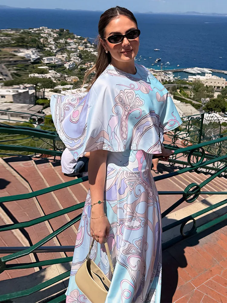 Swirl Print Cape Sleeve Blouse Skirt Set Oversized Short Sleeve 2026 Summer Causal Women Outfit Vacation Boho Lady Ensemble - Image 3