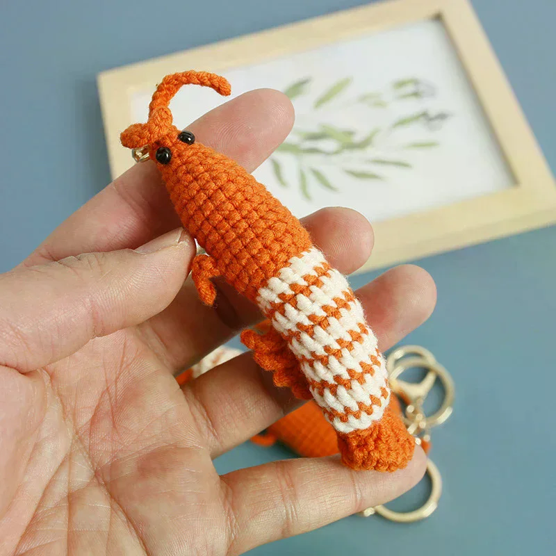 Cute Shrimp Bag Charm Keychain Cartoon Mini Handmade Knitted Car Keychain Creative Novelty Backpack Handbag Pendant Gift