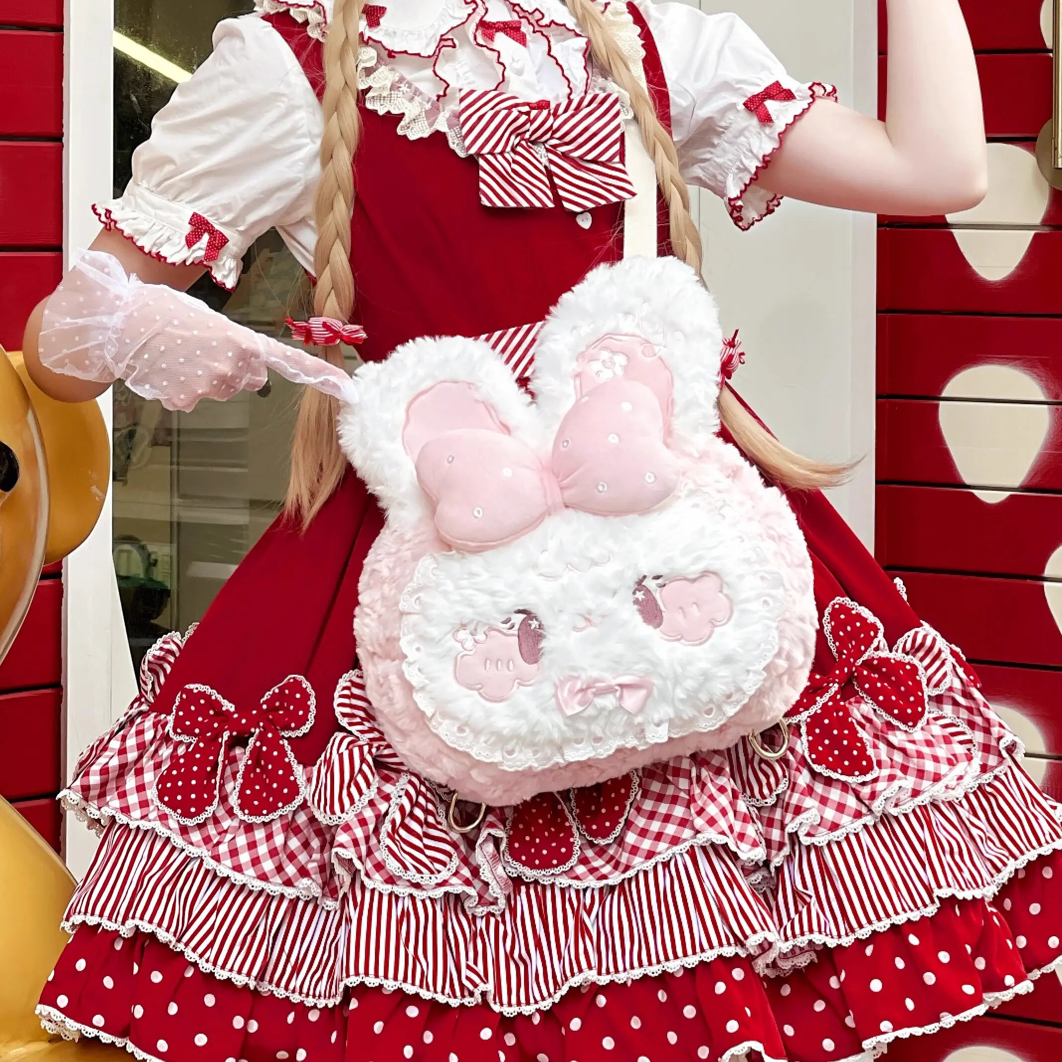 Japanese Kawaii Original Sweet Cute Shoulder Plush Bag Soft Girl Rabbit Peach Hairy Cute Rabbit Lolita Shoulder Crossbody Bag