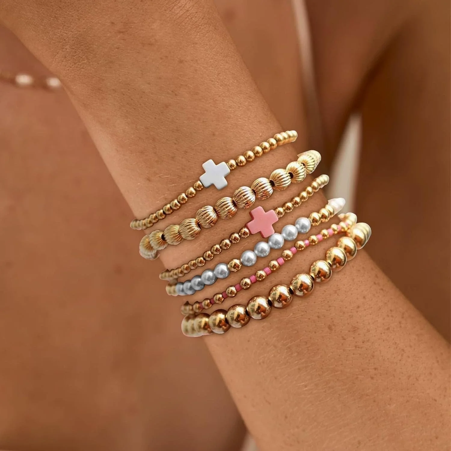Stackable Multi Layer Gold Beaded Stretch Bracelet Set Pink & White Cross Charm Pearl Ball Bracelets Bohemian Stack Jewelry for Women