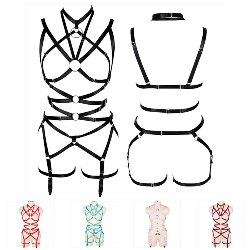 

Full Body Harness Lingerie Set Sexy Goth Cage Bra Fetish Chest Belt O-ring Strappy Adjust Body Harness