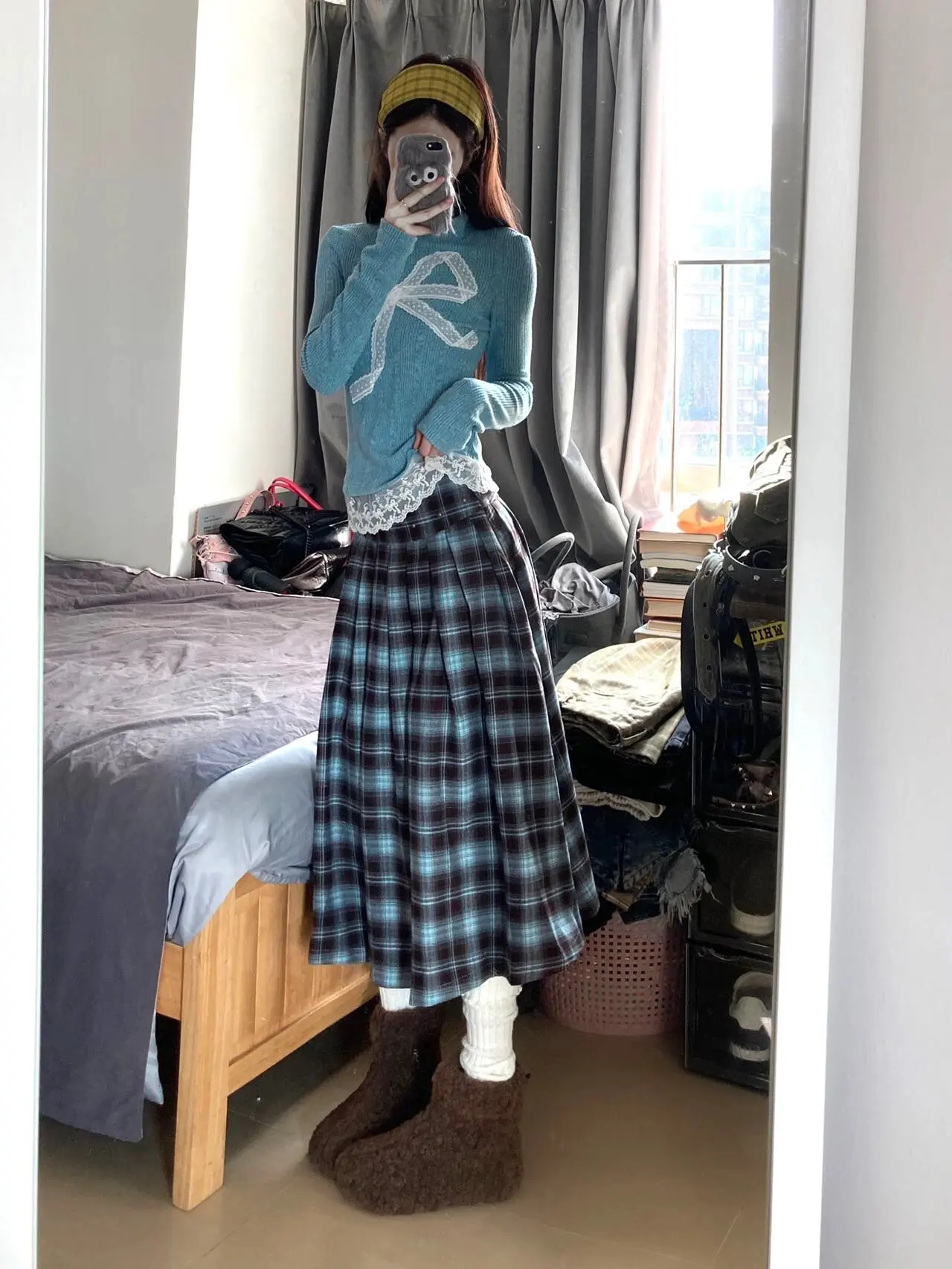 Women Vintage Korean Mori Girl Outfits 2 Piece Set Long Sleeve Lace Turtleneck Jumper + A-line Mid Long Plaid Pleated Skirts