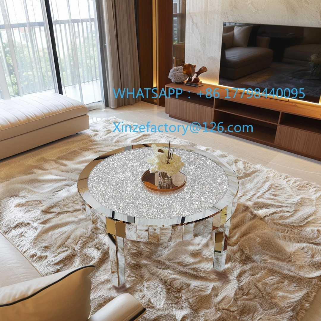 

Customizable Luxury Round Silver Mirror Coffee Table Crystal Diamonds Inlay Accent Table Living Room Bedroom Modern Home Decor F