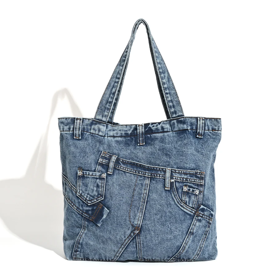 Casual Tote Bags For Women Luxury Designer Handbag Purse 2024 New In Denim Splicing Decoration Large Capacity Underarm Shoulder