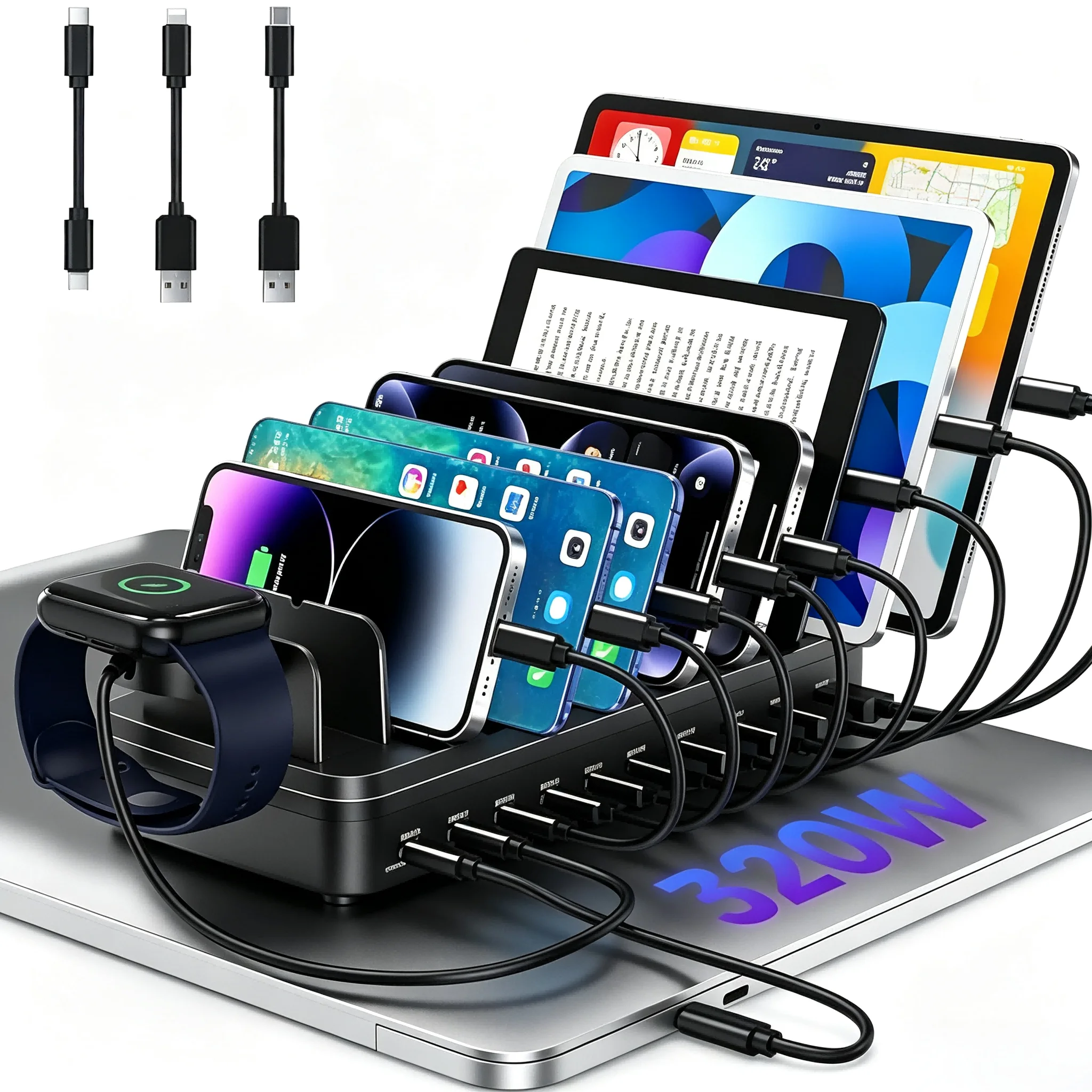 320W Charging Station for Multiple Devices, 10 Ports Fast Multi-Device Charger Organizer Compatible with MacBook Pro Laptop, iPhone, Android, Ipad, Tablet, Kindle, Multi-Device Charging Dock（Black）