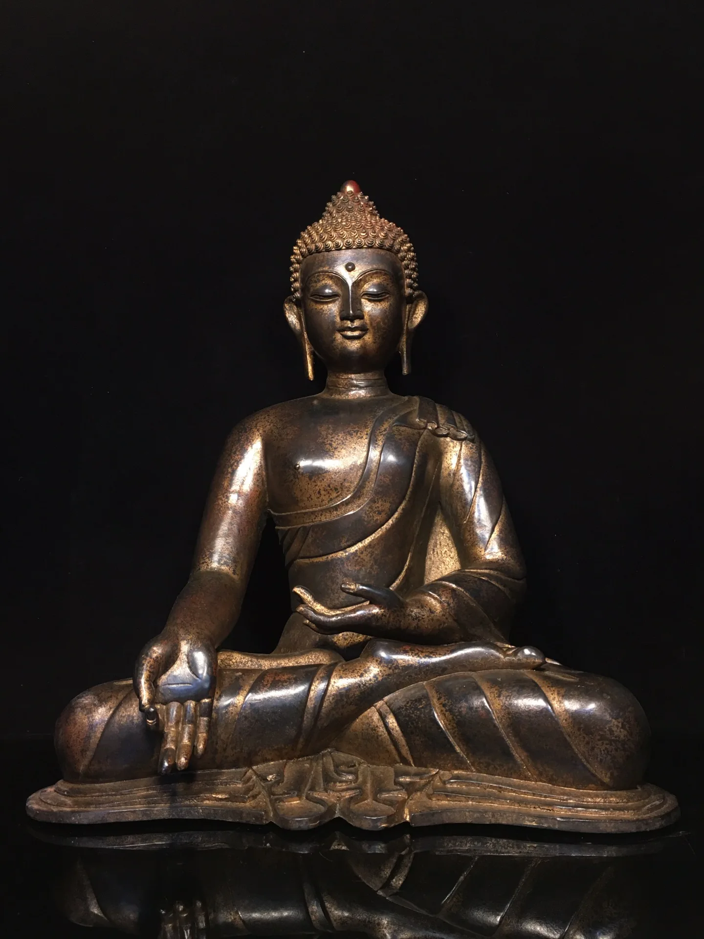 

20"Tibetan Temple Collection Old Bronze Cinnabar Mud gold Shakyamuni Sitting Buddha Amitabha Worship Hall Town house