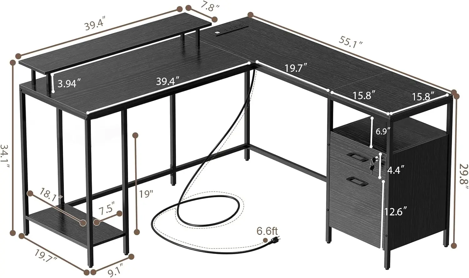 Reversible Computer Desk with Power Outlets & File Cabinet, L Shaped Corner Desk with Monitor Stand & Storage Shelves, Black