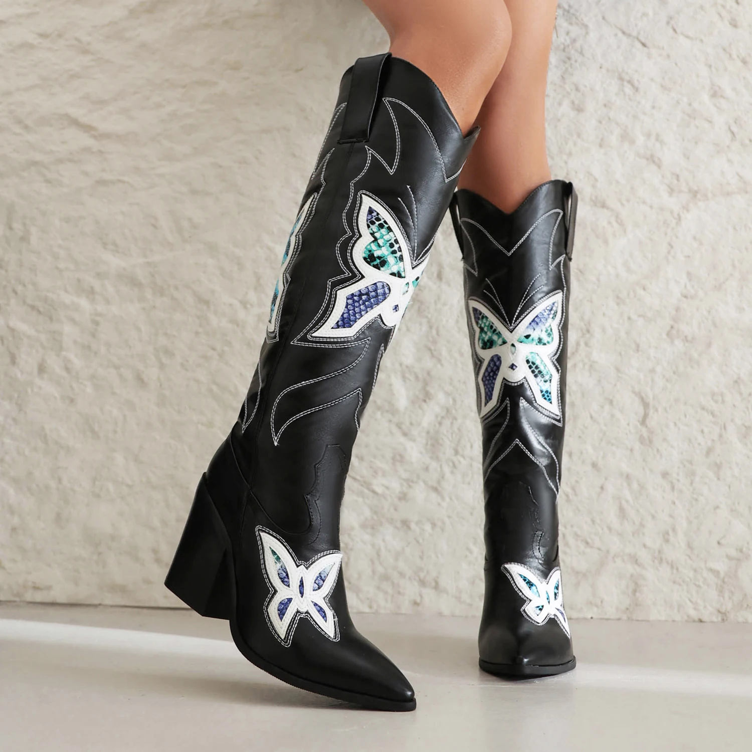 

Gorgeous Bow Embroidered Western Cowboy Boots Retro Pointed Square Heel Heel Heightened&Thin Knight Boots Sexy Women's Boots