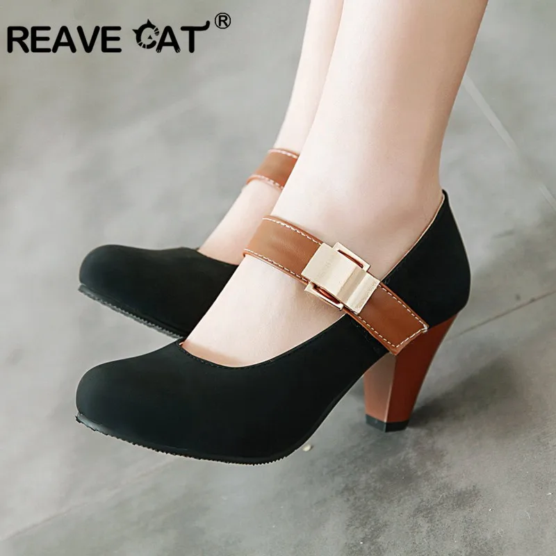 REAVE CAT Women\'s Pumps High heels Shoes Janes 7.5cm Spike heel Hook Mixed Color Round toe Flock Big Size 34-48 A1969