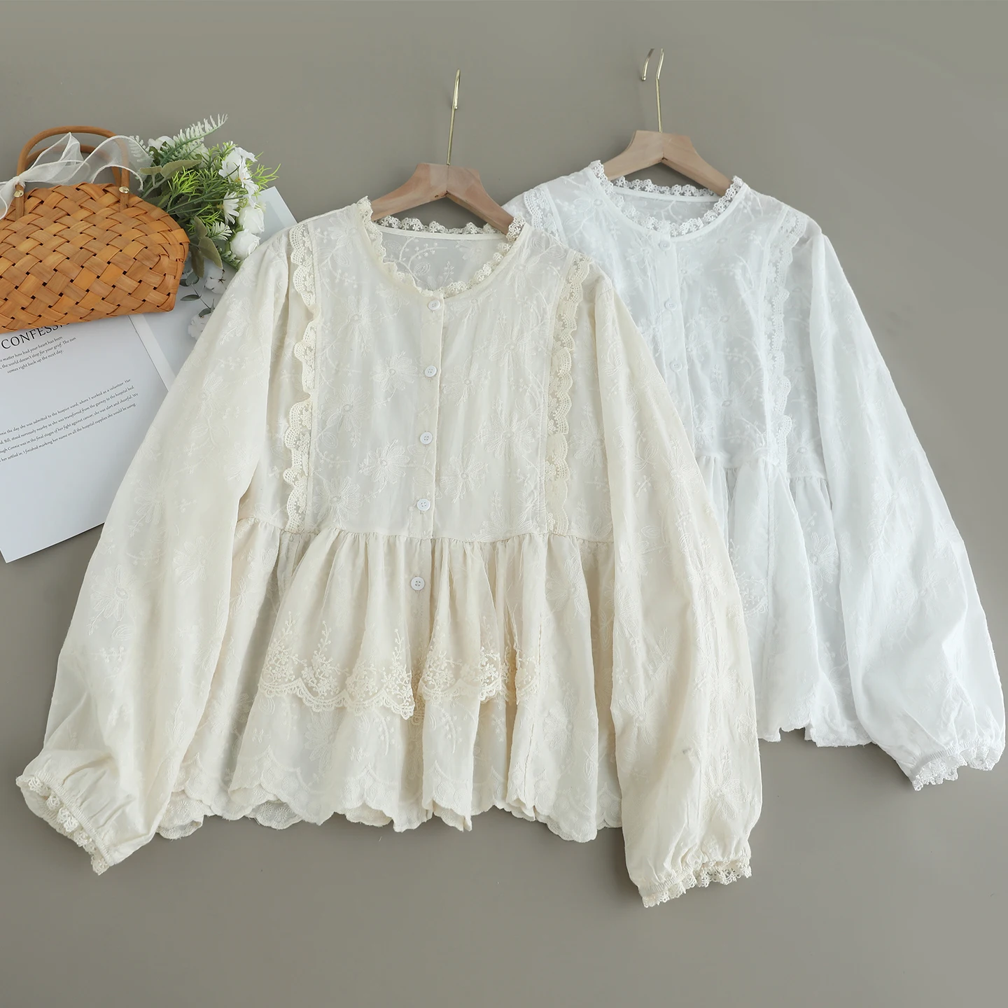 

Japanese Sweet Mori Girl Solid Color Lace Embroidery Cotton Shirts Women Autumn New Stand Collar Long Sleeve Casual Blouse Tops