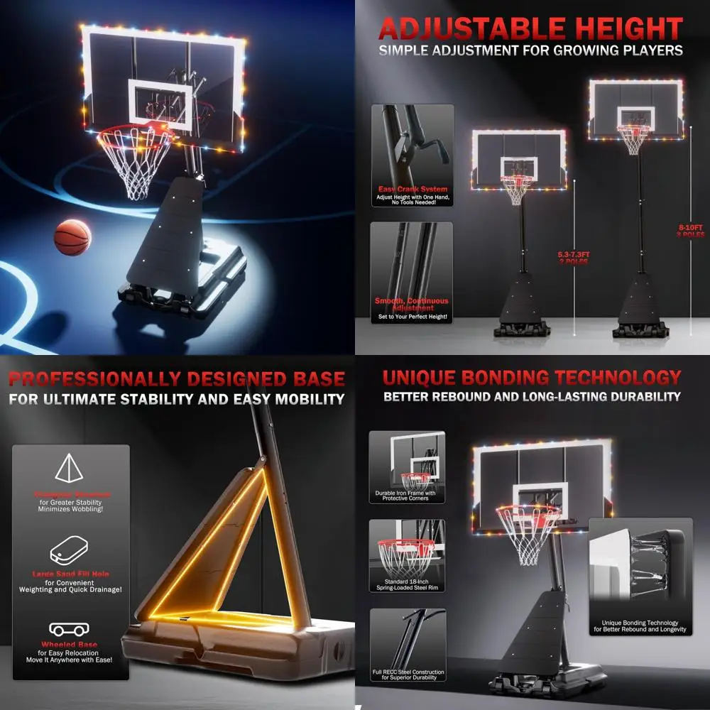 Verstelbaar 10FT basketbalsysteem voor buiten met LED-licht, duurzaam bord, draagbaar doel voor alle weersomstandigheden