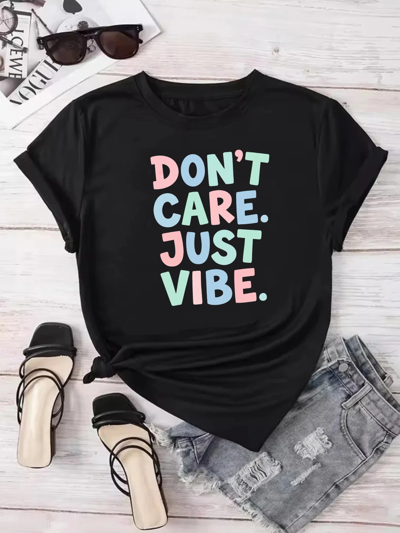 Women's Casual Black Short Sleeve T-Shirt 'Don't Care Just Vibe' Colorful Letter Print Summer Streetwear Top