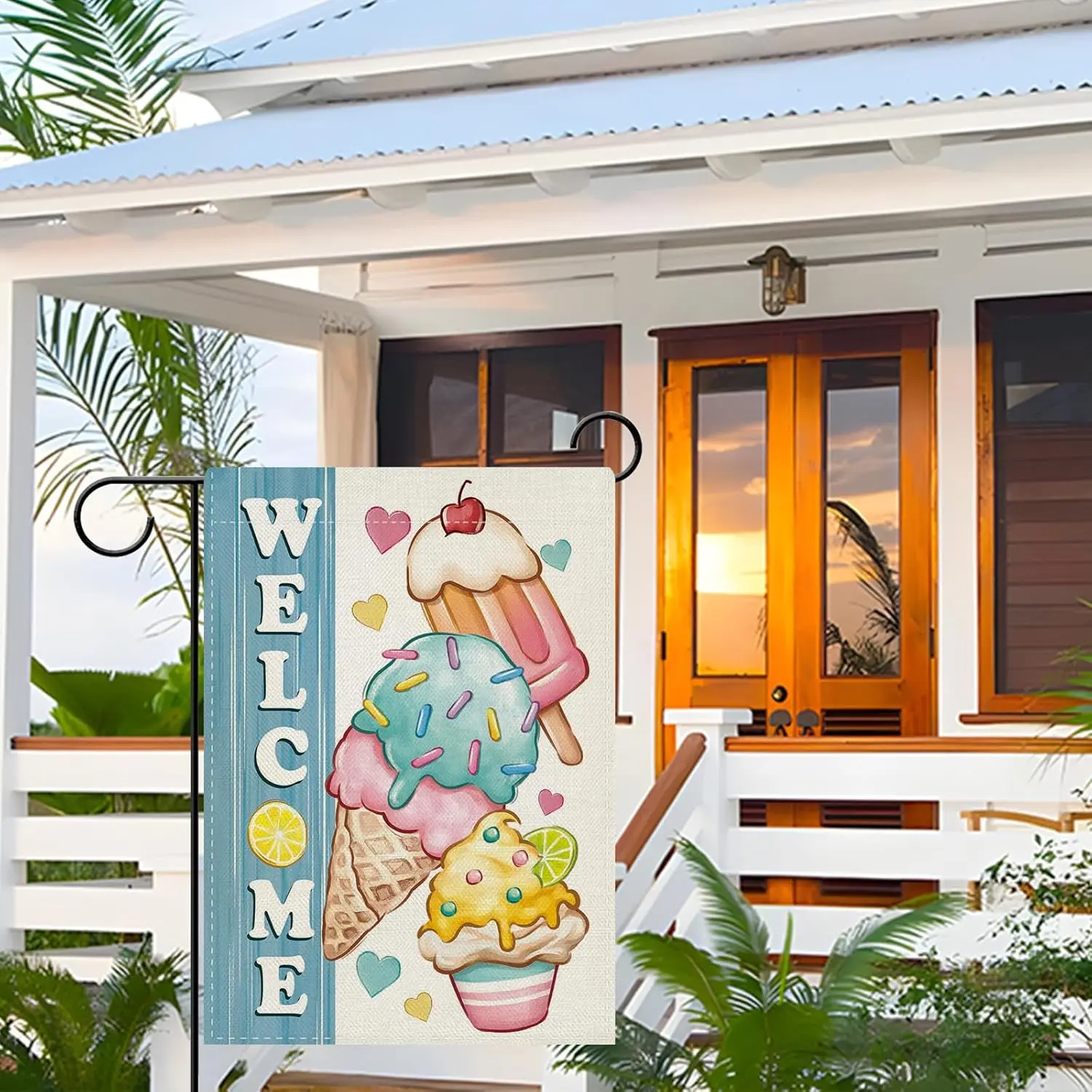 Dyrenson Welcome Summer Ice Cream Decorative Garden Flag, Sweet Popsicle Love Hearts Yard Outside Home Decoration, Farmhouse ZZM