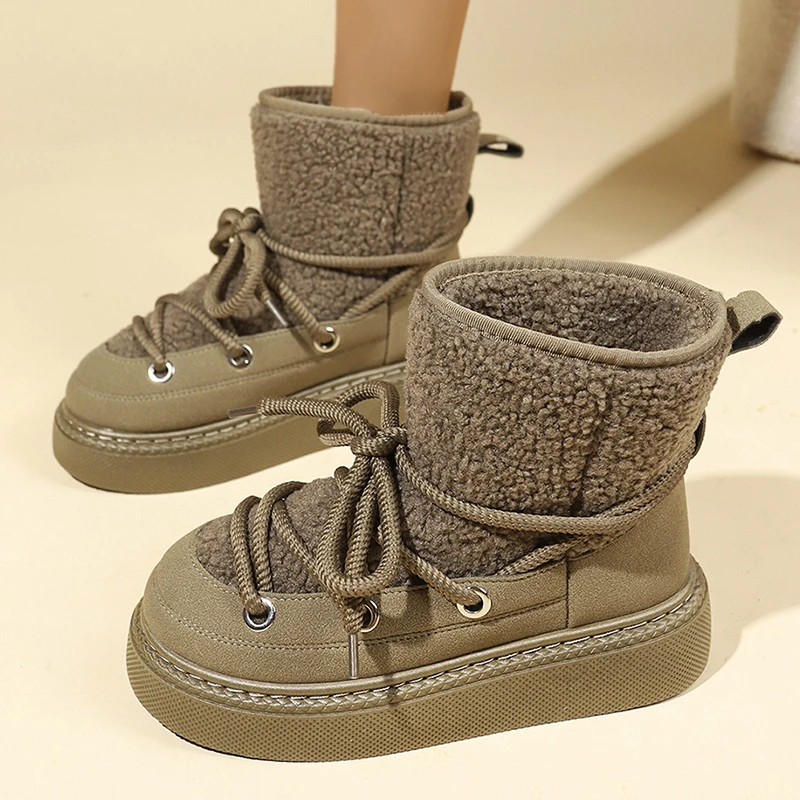 Winter Women Snow Boots Warm Fur Platform Casual Shoes High Quality Plush Boots Lace Up Outdoor High Top Shoes Plus Size 36-43