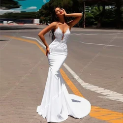 Graceful Wedding Dresses Satin Finish Pleated Bridal Gowns Newest Sexy Mermaid Lace Appliques Spaghetti Strap Vestidos De Novia