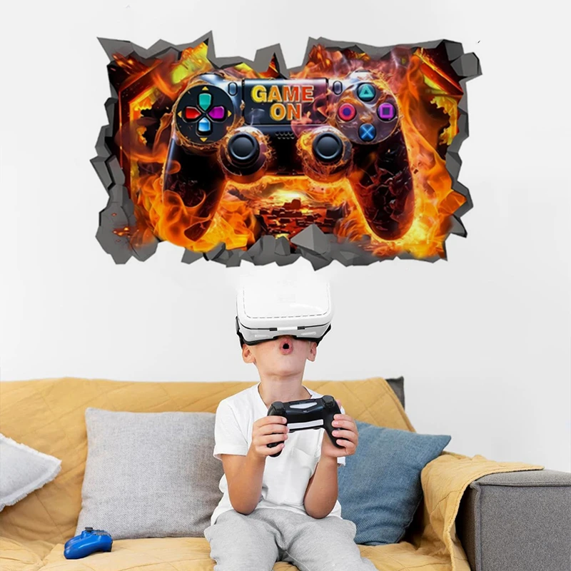 Geometric Space Gaming Mural Glow Gamepad 3D Vinyl Wall Stickers for Home Kids Bedroom Gamer Room Decorations Sci-fi Game Poster