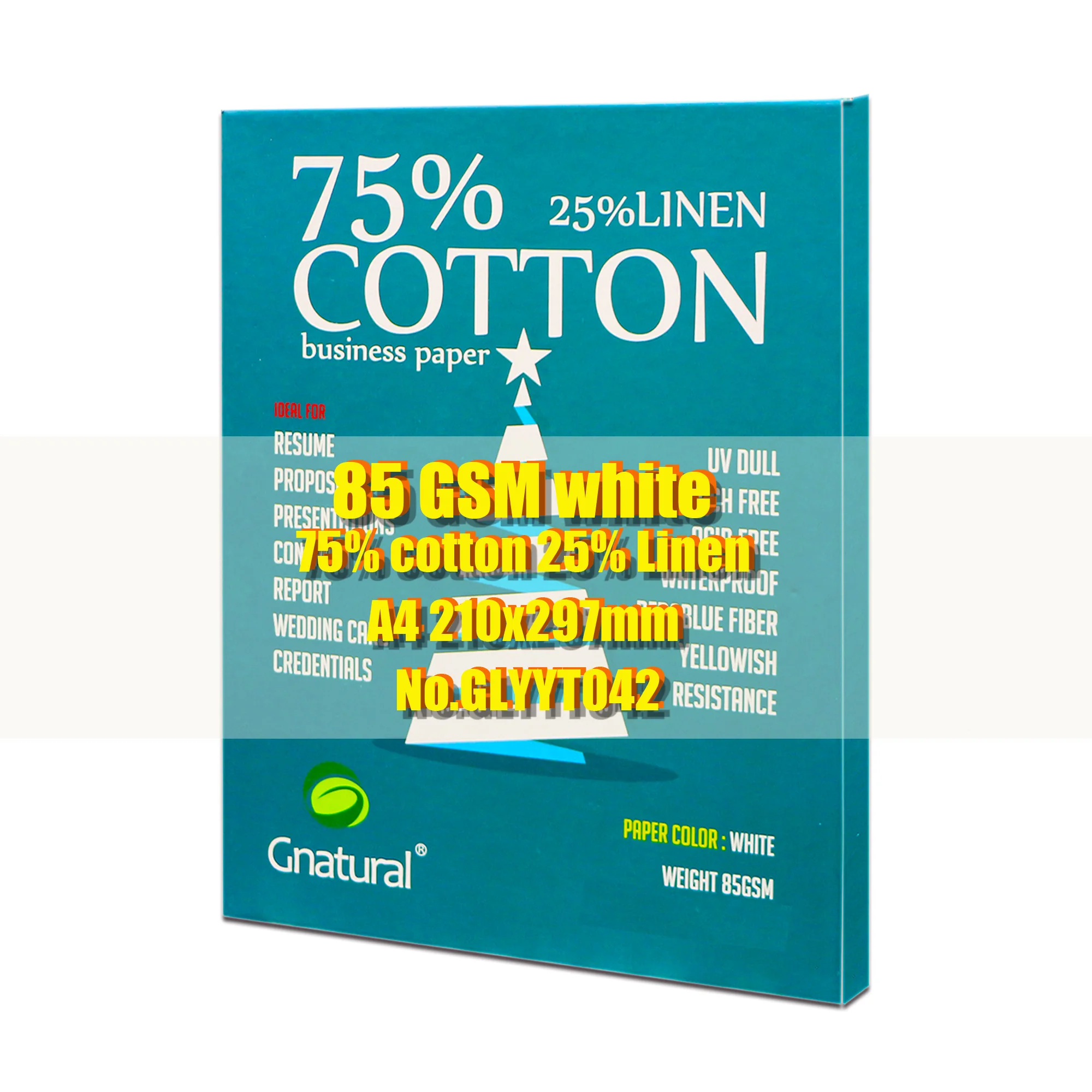 85gsm 75% cotton 25% linen paper A4 210*297mm,Ivory color,Visible fiber,Starch-free,Waterproof,100 sheets,GLYYT042