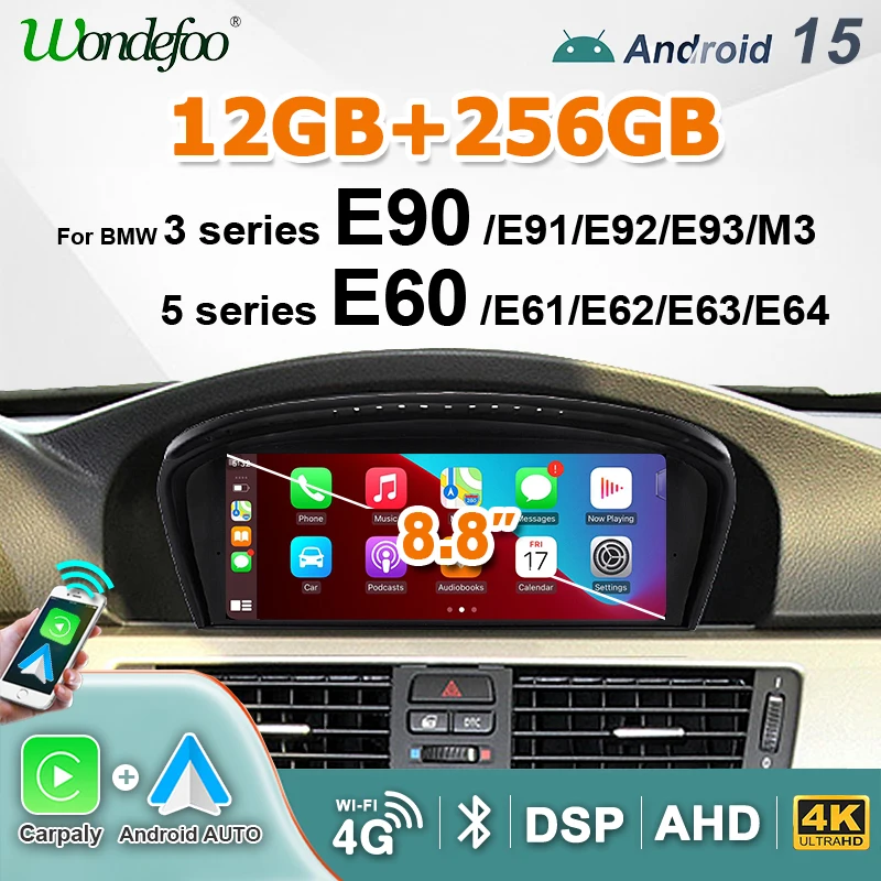 Schermo Radio Auto Android 15 per BMW E60 E61 E63 E64 E90 E91 Serie 3/5, Bluetooth Wireless, Carplay, Android Auto, Stereo Multimediale, Navigazione GPS, WIFI, 4G LTE