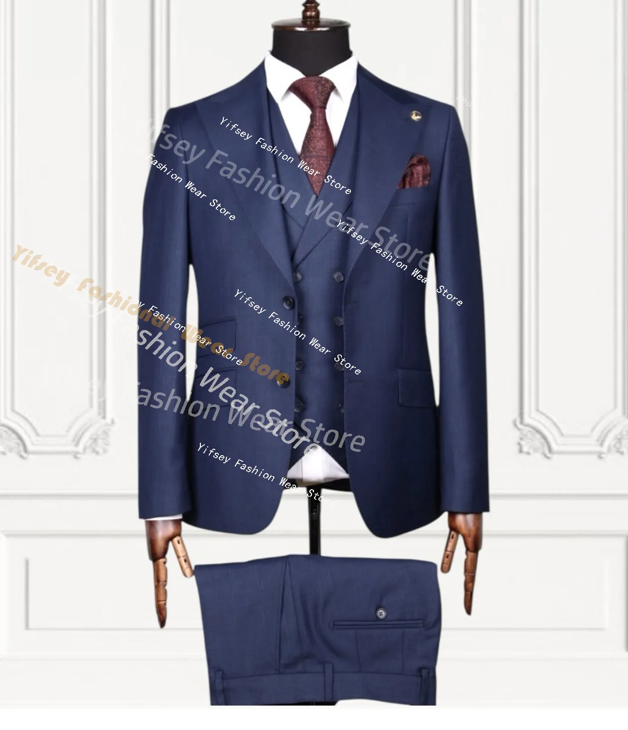 

Dark Blue Full Men Suit Set Wedding Groom Custom Made Luxury Brands Male Jacket Vest Pants Slim Fit Prom Blazer Trousers Outfit