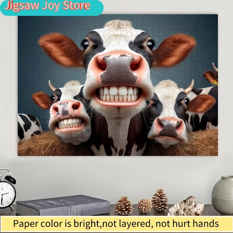 

A 1000pcs Jigsaw Puzzle for Featuring a Cheerful Cow Design with Bright Colors. This Portable Rectangular Art Piece Is Unframe