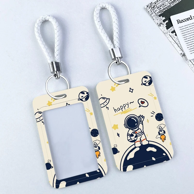 Cartoon Happy Astronaut Boy ID Card Holder Door Card Case Women Badge Holder Keychain Student ID Card Holder Photo Protector