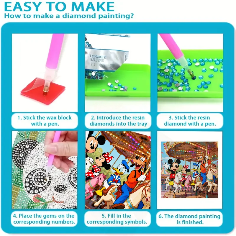 Kit de peinture diamant 5D à perceuse complète, bricolage, Disney Mickey Mouse Minnie Mouse Donald Duck Goofy Friends sur scène de carrousel, strass, 1 pièce