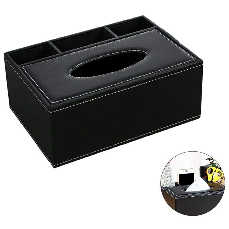 2X PU Tissue Box Remote Control Holder Multifunctional Desktop Organizer Pencil Scissor Container (Black)