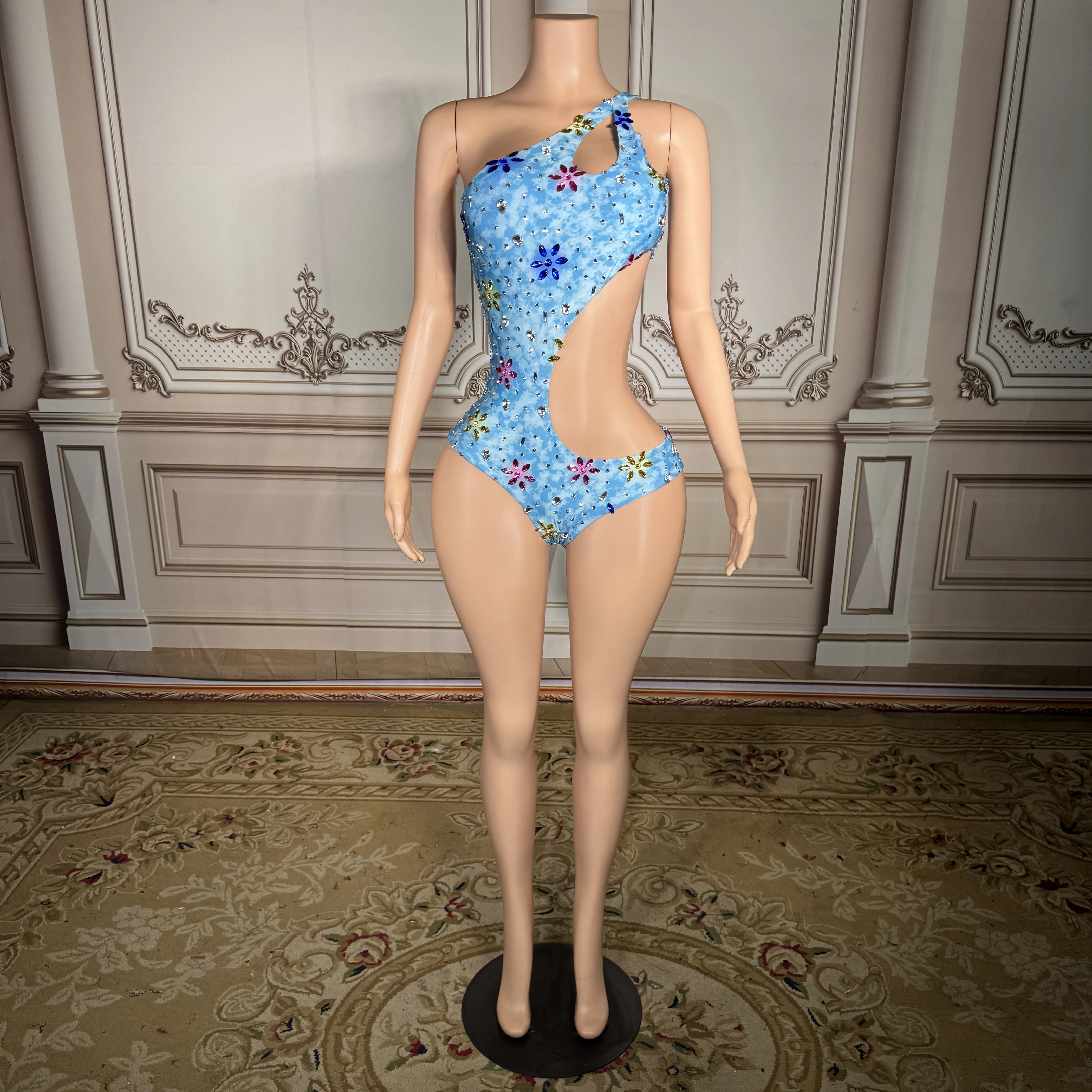 ZD New Sexy Light Blue Floral Bodysuit Women One Shoulder Cutout One Piece Swimsuit Sparkly Crystals Summer Beachwear Suit