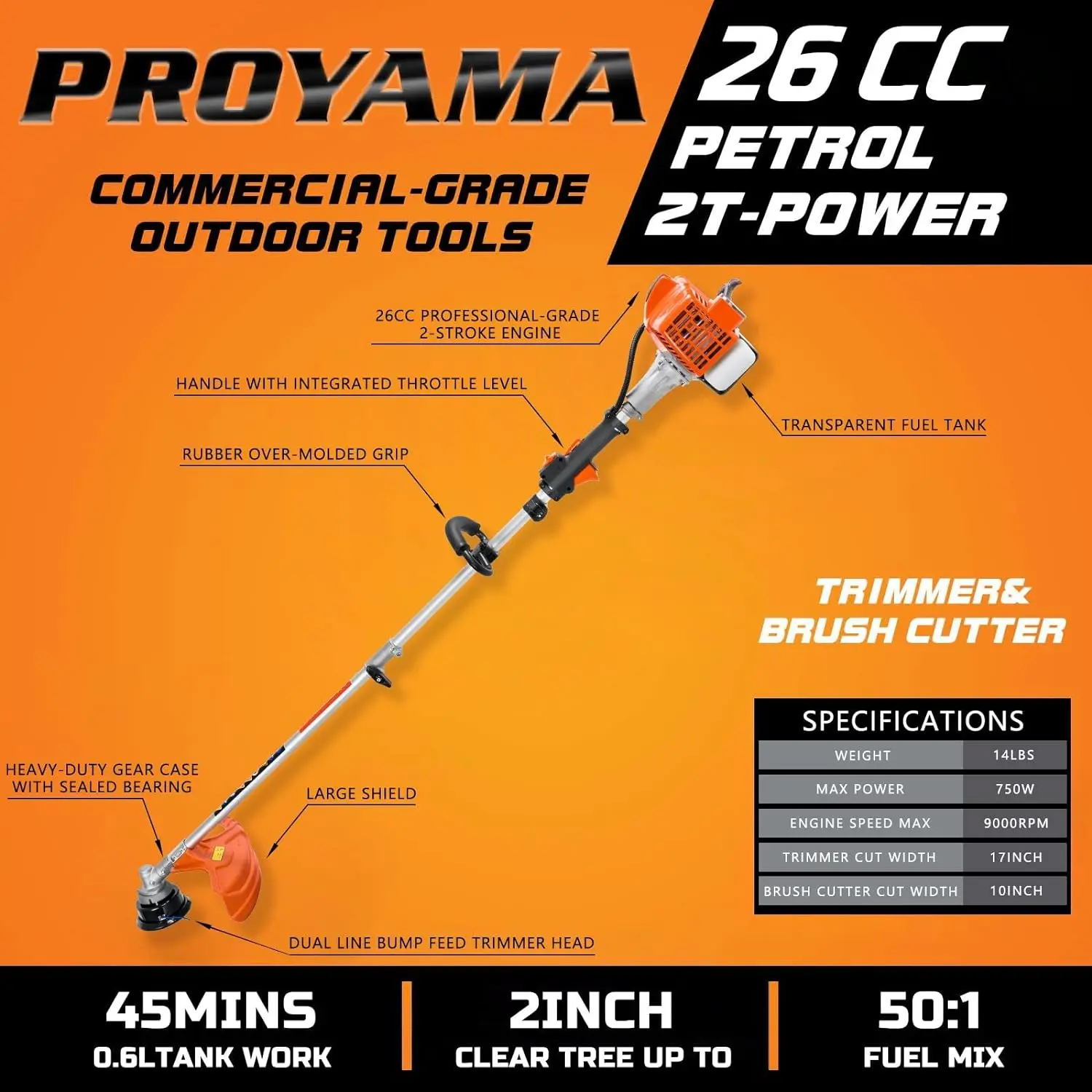 PROYAMA 26cc Weed Eater/Wacker Gas Powered, 2-Cycle Gas String Trimmer/Edger, 3 in 1 Brush Cutter with 17’’ Cutting Path, Grass