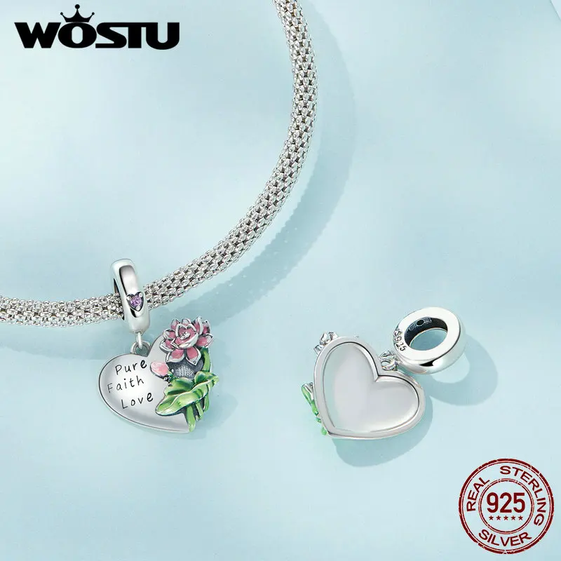 Wostu 925 Sterling Zilveren Lotus Opknoping Kraal Rose Gegraveerde Charm Gift Voor Vrouwen Fit Originele Armband Ketting Fijne Sieraden