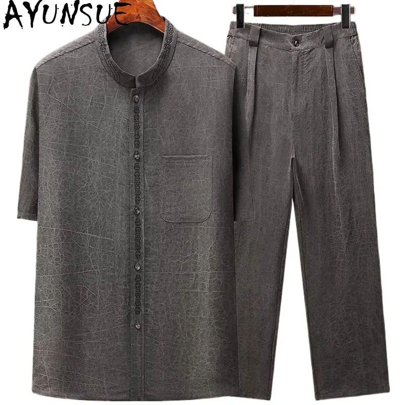 

AYUNSUE High-end 100% Real Mulberry Silk Shirt for Men 2026 Summer 2 Piece Set Outfits Man Clothing Fashion Pants Mens Suits