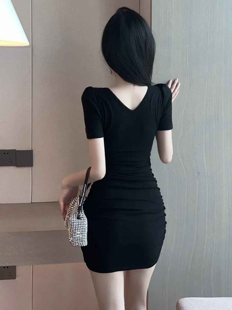 Sexy Soft Girl Korean Style Dress Summer New Women's V-neck Short Sleeved Show Chest Hollow Out Solid Color Tight Fitting