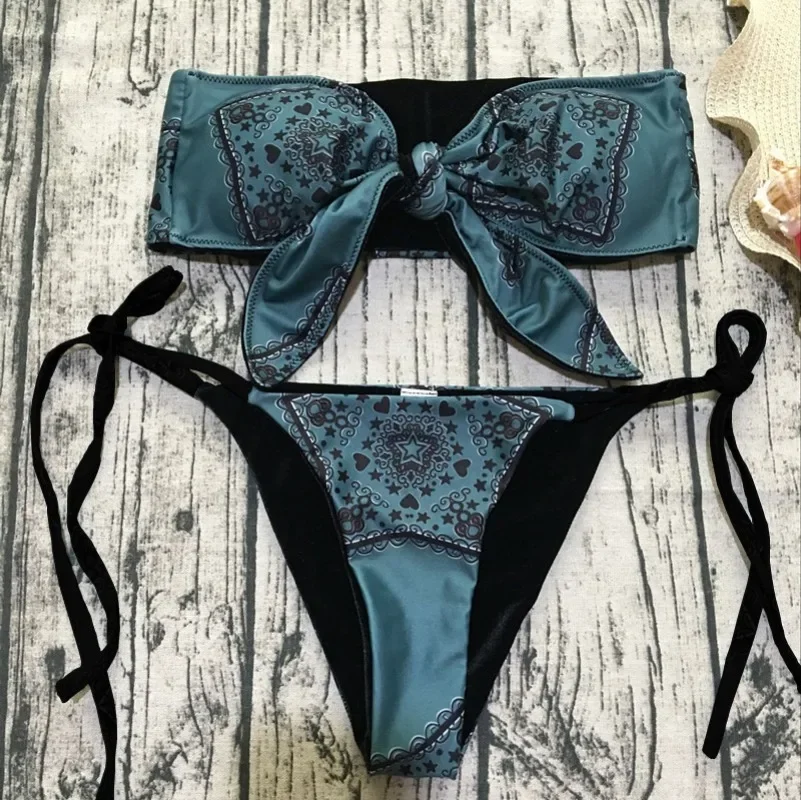 

Сексуальный винтажный бандо со звездами и галстуком-бабочкой спереди, комплекты бикини из двух предметов, купальник, бандажный купальник, пляжная одежда, боди, бикини
