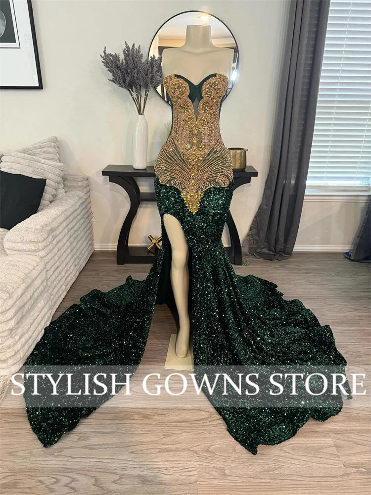 Verde escuro lantejoulas cristal dourado vestidos de baile o-pescoço apliques miçangas para meninas luxo trem varredura sereia vestidos de festa à noite
