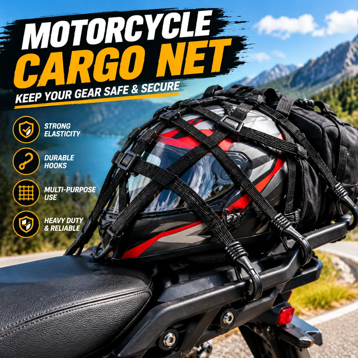 Motorcycle Luggage Cargo Net with Elastic Mesh Straps and Safety Hooks, Universal Hooks for Daily Commute, Touring, Outdoor Stor